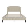 Modern Linen Curved Upholstered Platform Bed , Solid Wood Frame , Nailhead Trim, Beige (Queen)