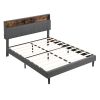 Queen Size Upholstered Platform Bed with Storage Headboard and USB Port, Linen Fabric Upholstered Bed (Gray)