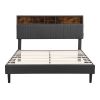 Queen Size Upholstered Platform Bed with Storage Headboard and USB Port, Linen Fabric Upholstered Bed (Gray)